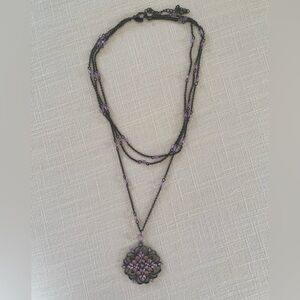 Purple Crystal and Black/Antiqued Brass Chain Multi-Strand Fashion Necklace